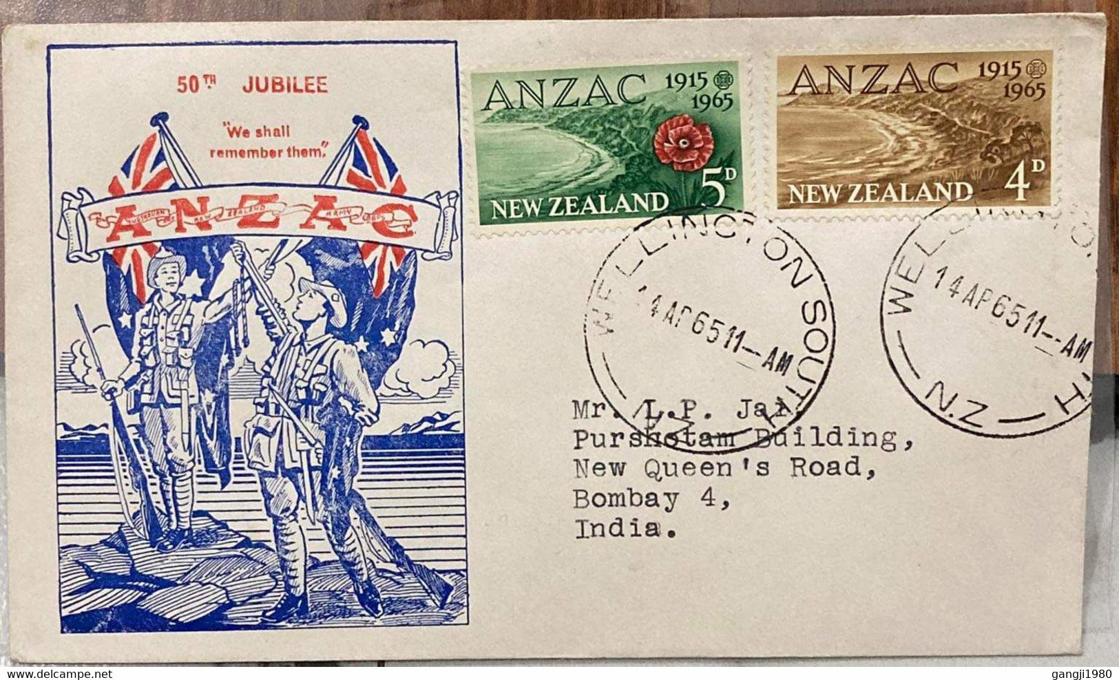 New Zealand,1965.private Fdc, ANZAC,welling Town South, POST MARK,TO ,INDIA,TO ADDRESS,L.P.JAI ,Cricketer. - Covers & Documents