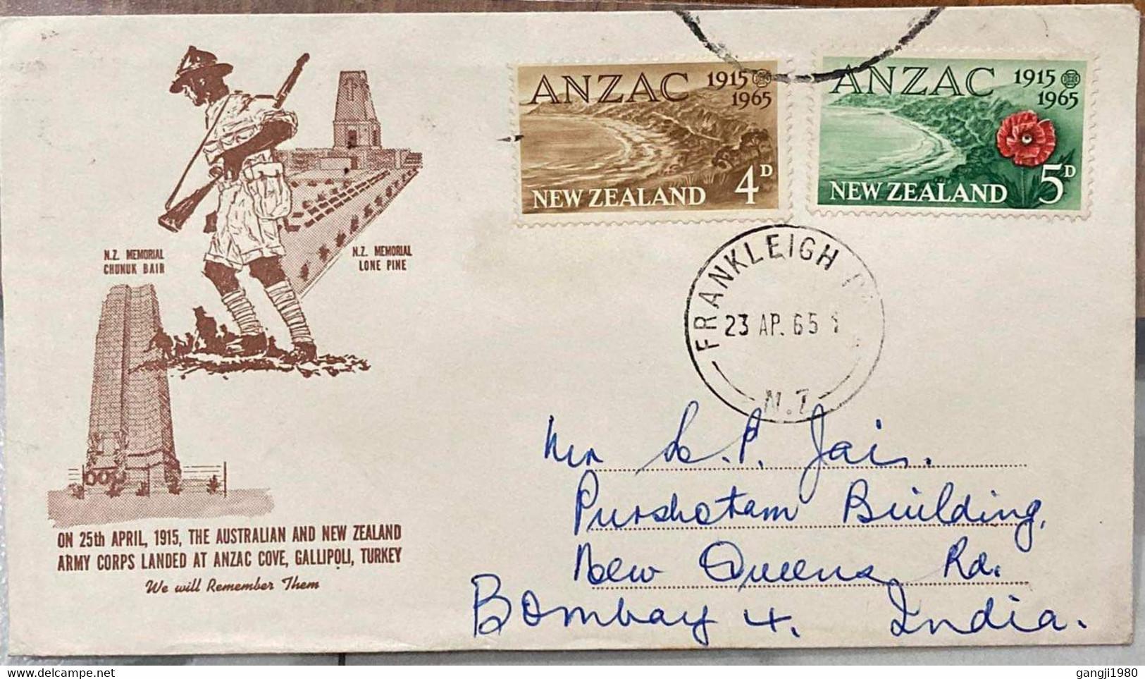 New Zealand,Australia,1965.private Fdc, ANZAC,Frankleigh,POST MARK,TO ,INDIA,TO ADDRESS,L.P.JAI ,Cricketer,cricket, - Brieven En Documenten