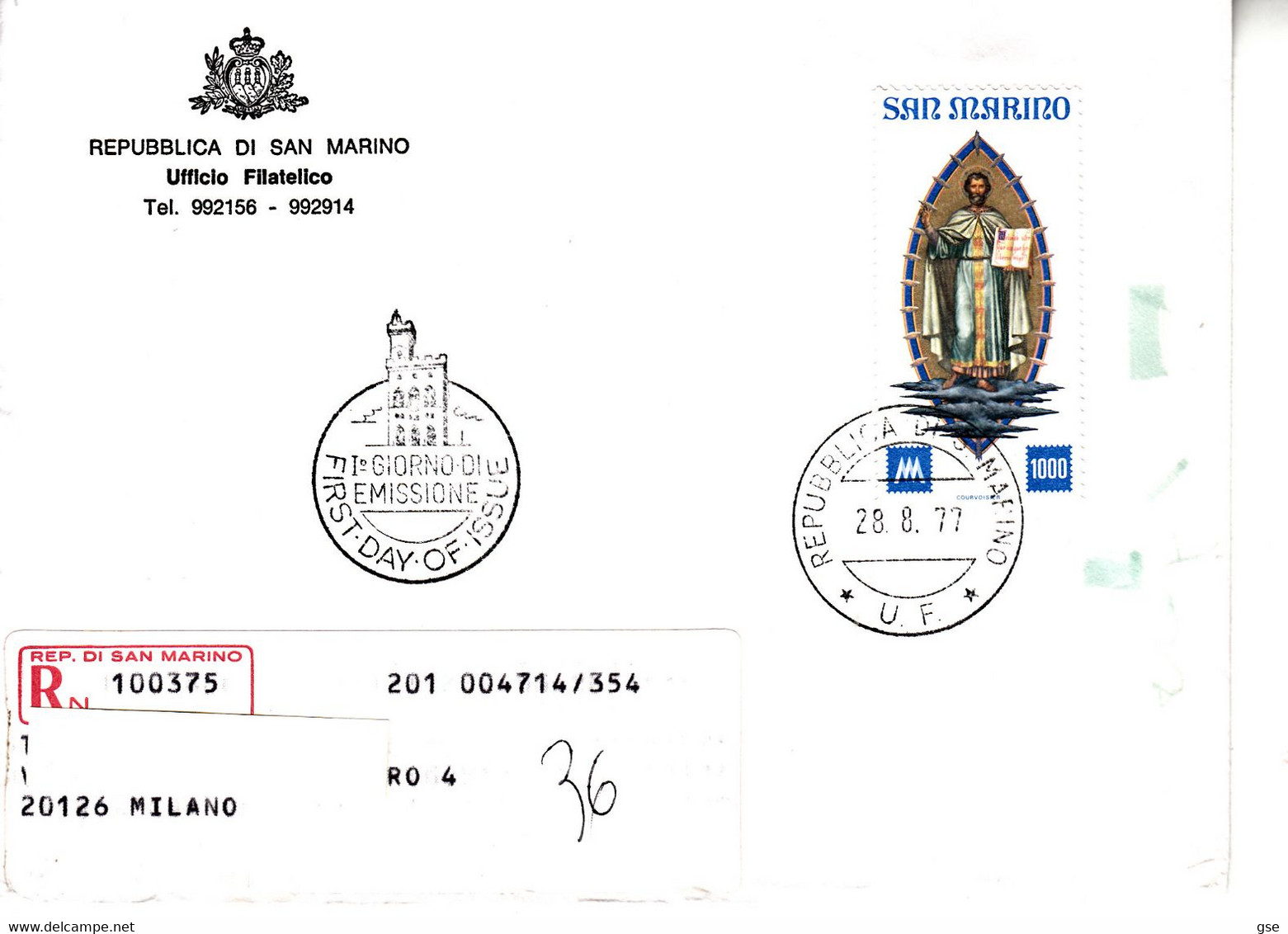 SAN MARINO 1977 - Raccomandata  Con Sassone  994 -   Arte - Centenario - Cartas & Documentos