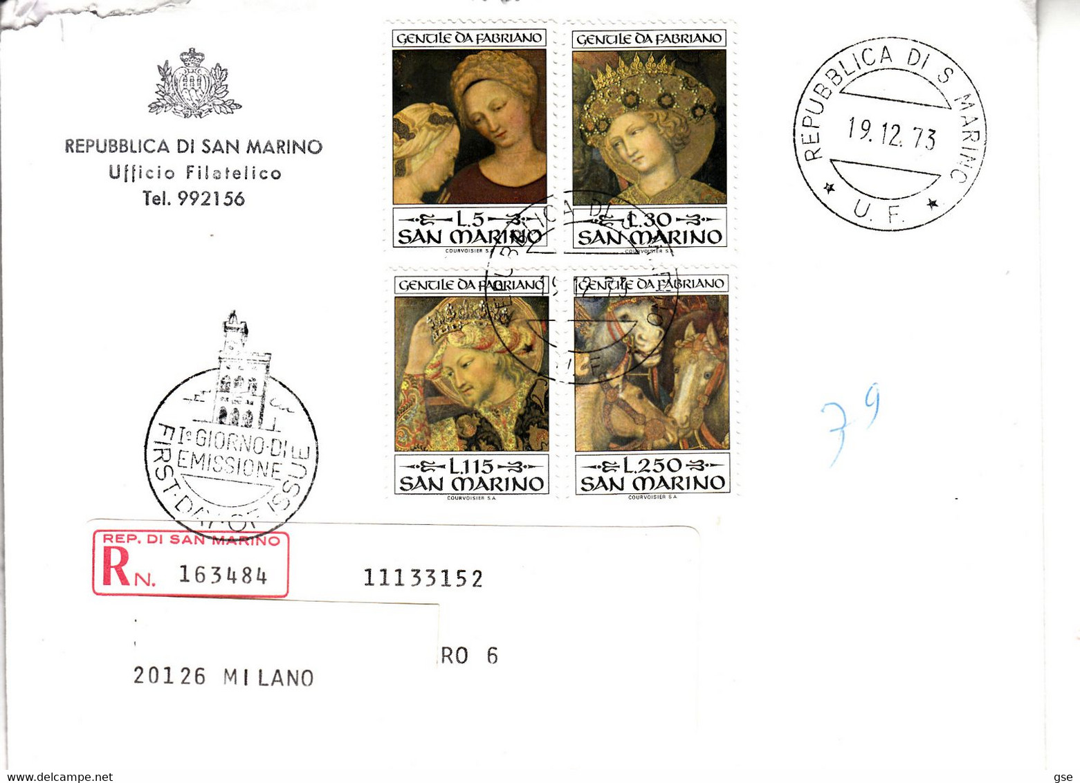 SAN MARINO 1973 - Raccomandata Con Con Sassone  906/9 - Natale - Lettres & Documents