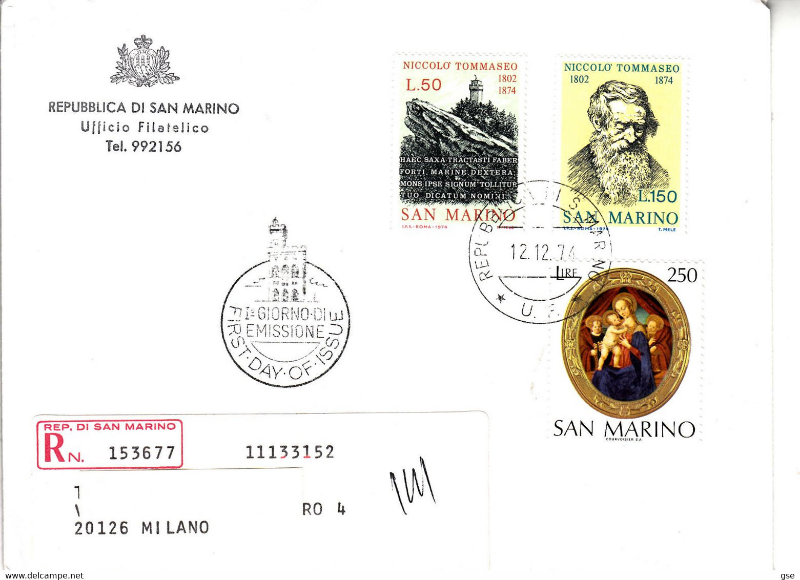 SAN MARINO 1974 - Raccomandata Con Sassone  828-829/30- Tomasseo - Natale - Cartas & Documentos