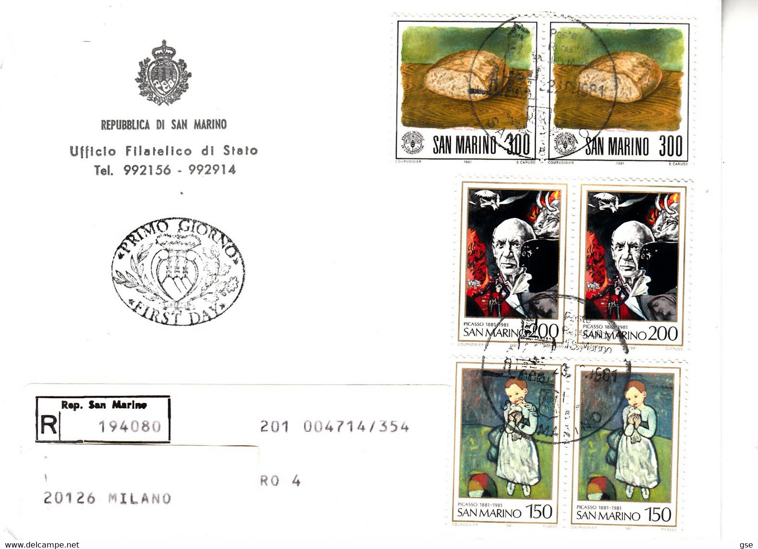 SAN MARINO 1981 - Raccomandata Con Sassone  1082-1083/4 - Picasso - Alimentazione - Cartas & Documentos