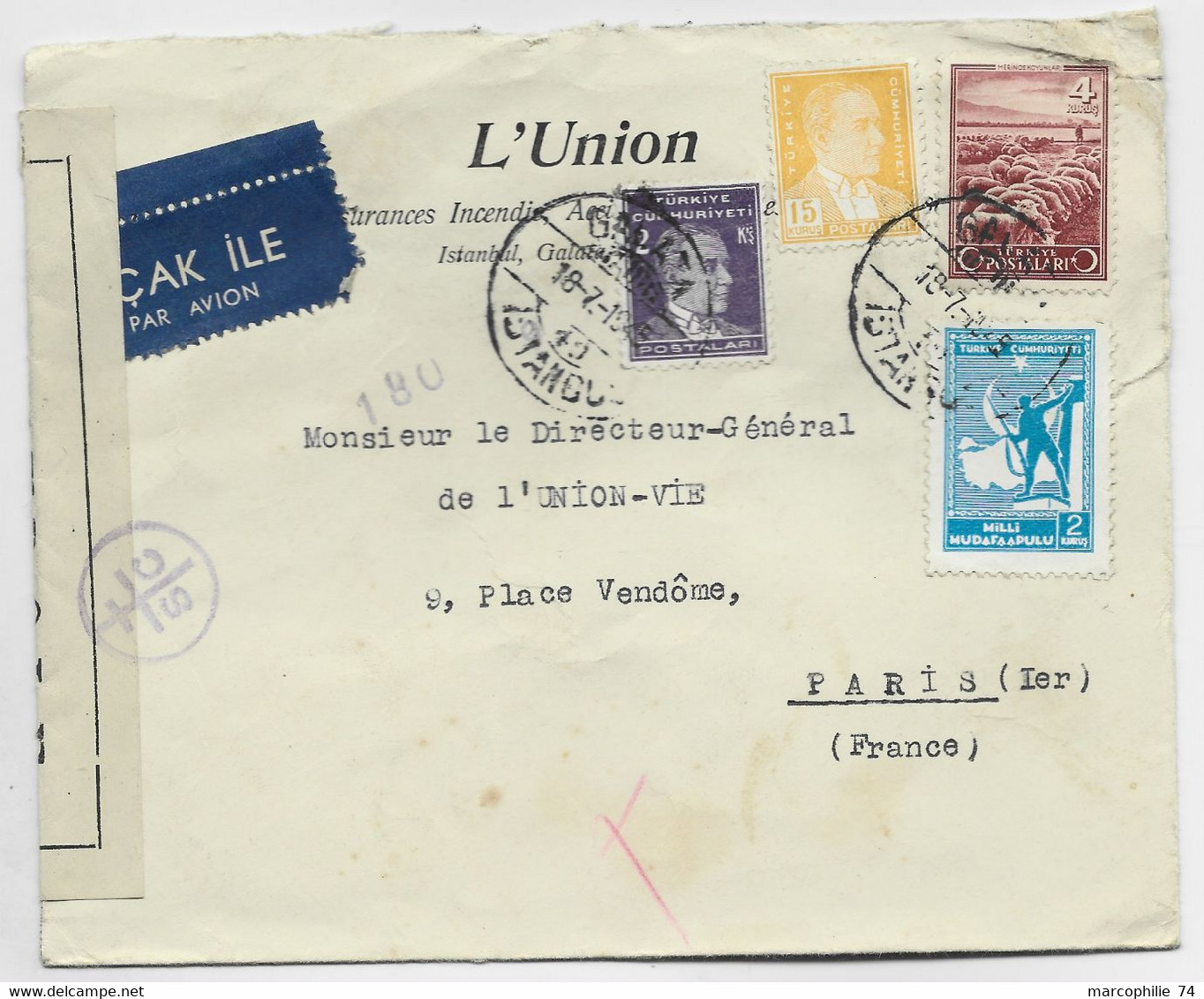 TURKEY DIVERS LETTRE COVER PAR AVION ISTANBUL 1945 TO FRANCE + CENSURE FRANCE CROIX LORRAINE SC - Cartas & Documentos