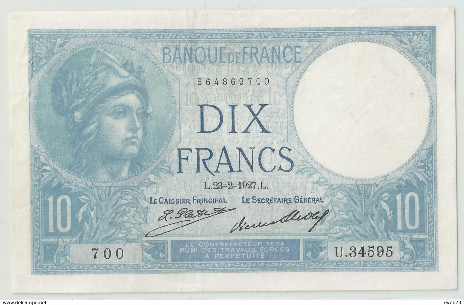 Fayette 06/12 - 10 Francs - Minerve - 23-2-1927 - Alphabet U 34595 - TTB/SUP - 10 F 1916-1942 ''Minerve''