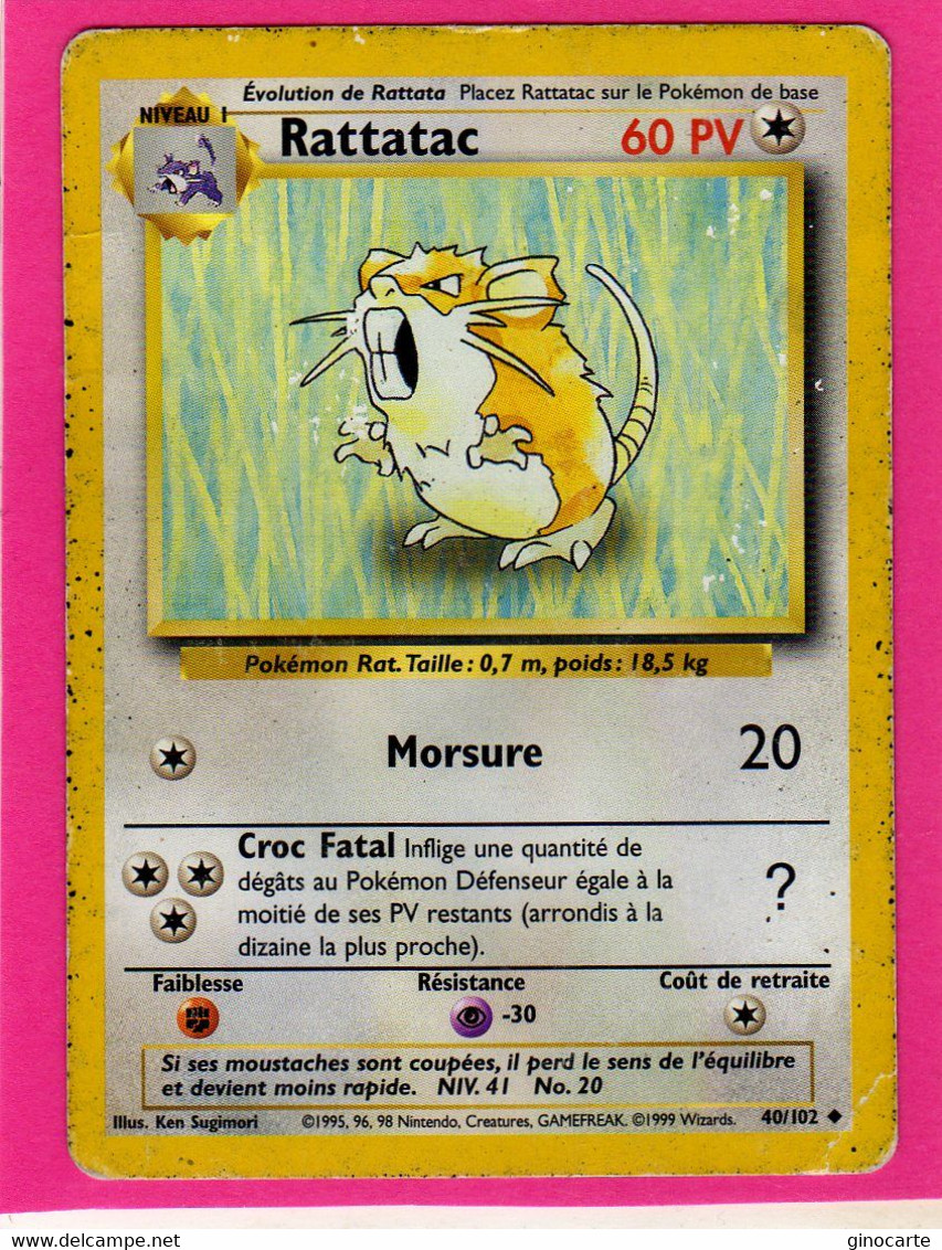 Carte Pokemon Francaise Set De Base Wizards 40/102 Rattatac 60pv 1995 En L'etat - Wizards