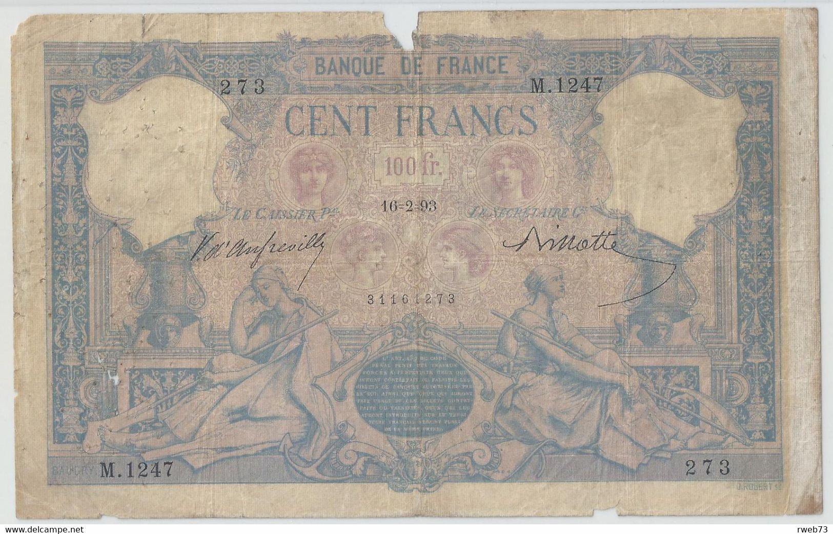 Fayette 21/06 - 100 Francs - Bleu Et Rose - 16-2-93 - Alphabet M 1247 - B - RARE - ...-1889 Anciens Francs Circulés Au XIXème