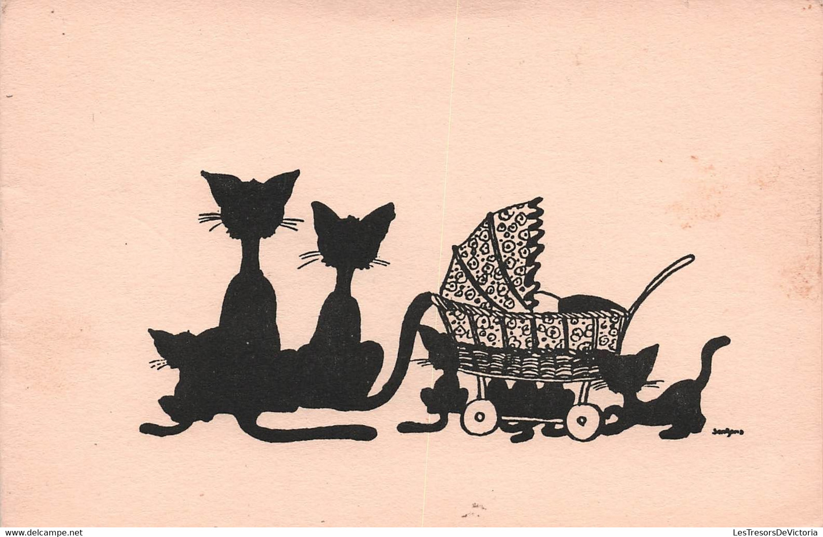 Silhouette - Couple De Chats Et Chatons Avec Landau - Faire Part De Naissance - Carte Postale Ancienne - Silueta