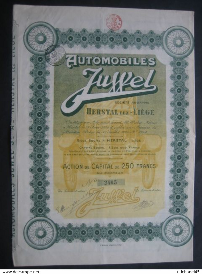 AUTOMOBILES JUWEL - HERSTAL-LEZ-LIEGE 1924 - ACTION DE CAPITAL DE 250 FRANCS - EXTREMEMENT DECORATIVE - Automobil