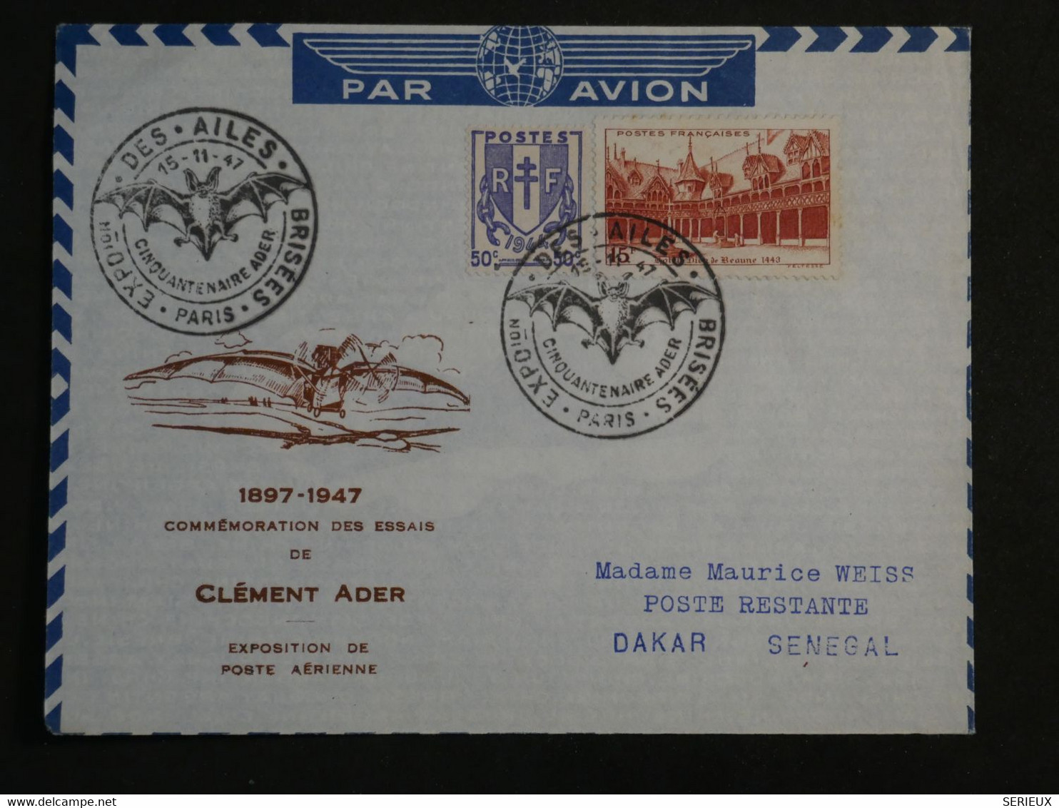 BN14 FRANCE BELLE LETTRE  1947 PARIS A DAKAR +CLEMENT ADER AEROPHILATELIE+AFFRANCH. PLAISANT++ - 1927-1959 Lettres & Documents