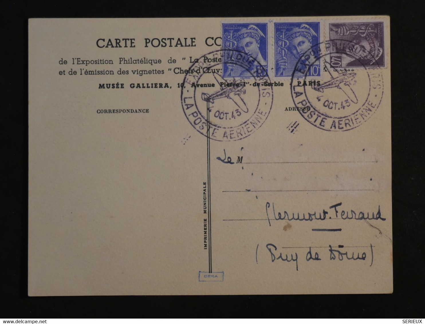 BN14 FRANCE BELLE LETTRE  1943 EXPO PARIS A CLERMONT FERRAND  + AEROPHILATELIE+AFFRANCH. PLAISANT++ - 1927-1959 Lettres & Documents