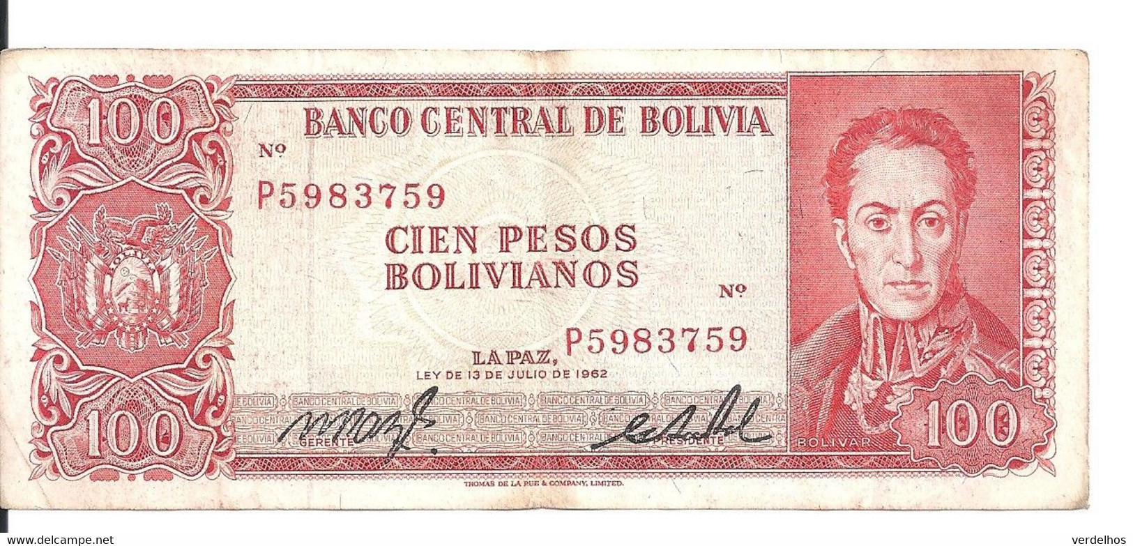 BOLIVIE 100 PESOS L.1962 VF P 163 - Bolivie