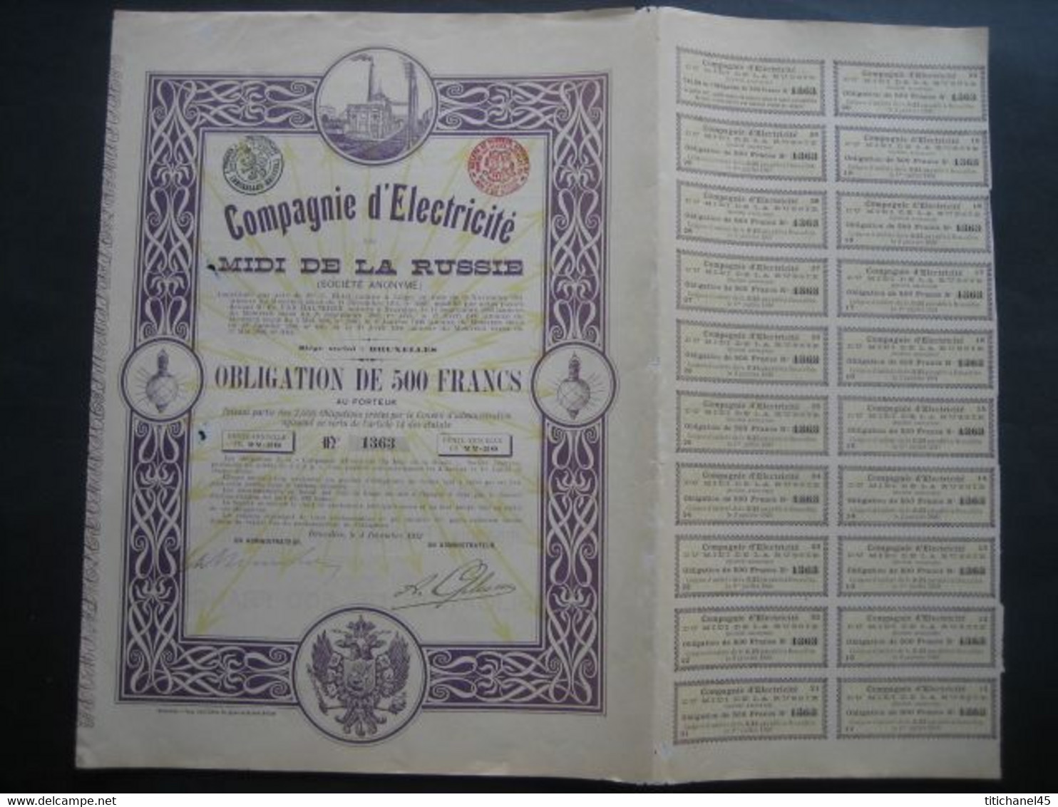 RUSSIE - Obligation BRUXELLES 1912 - COMPAGNIE D'ELECTRICITE DU MIDI DE LA RUSSIE - Russia