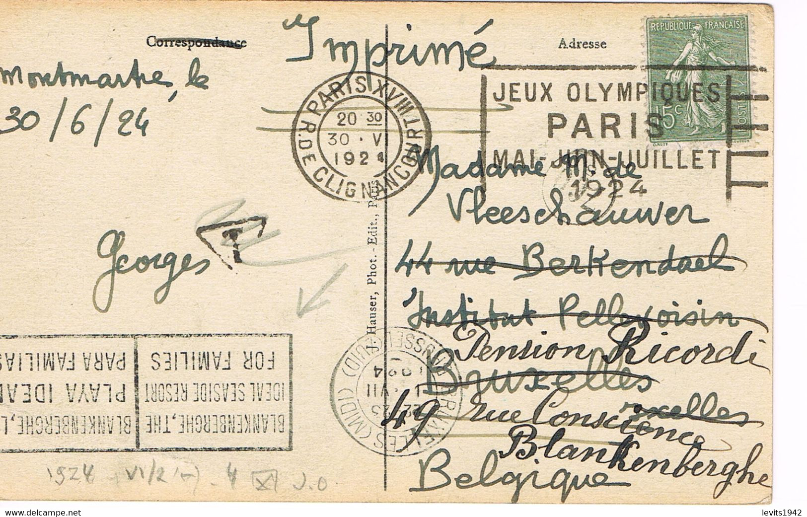JEUX OLYMPIQUES 1924 -  MARQUE POSTALE - TIR DE CHASSE - ESCRIME - JOUR DE COMPETITION - 30-06 - - Ete 1924: Paris