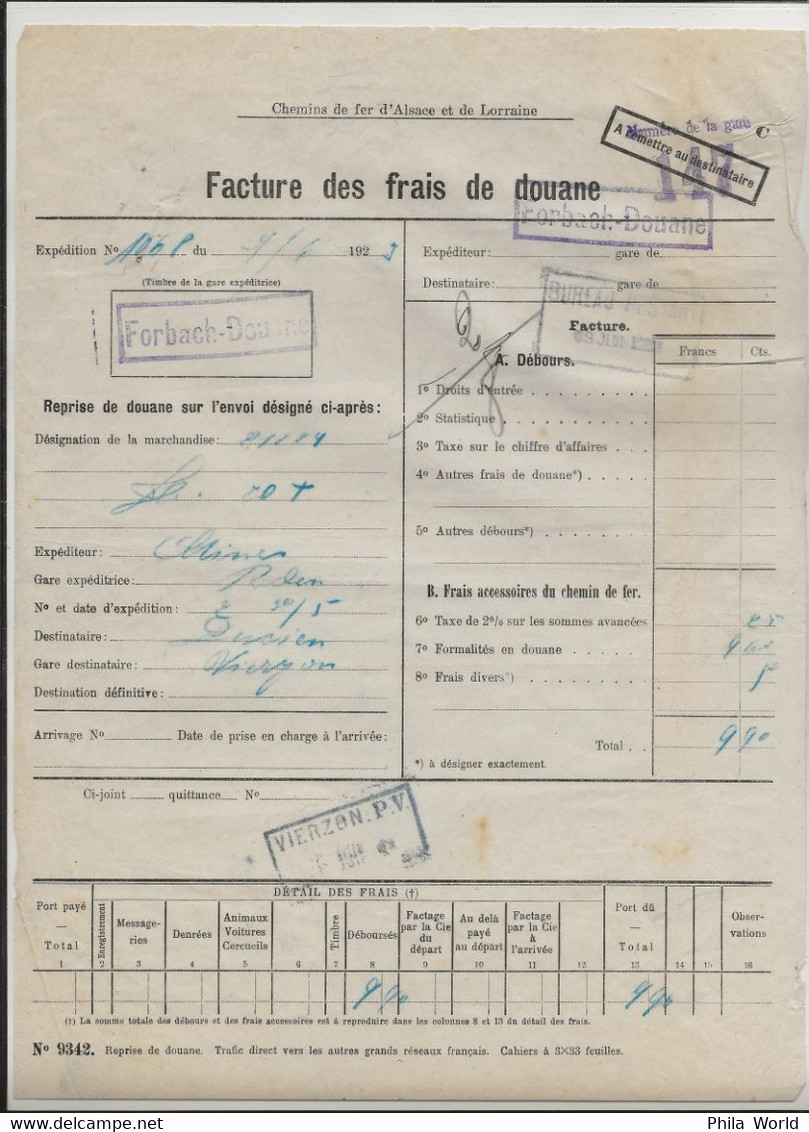 Facture 1925 Frais DOUANE Chemins De Fer ALSACE LORRAINE FORBACH Gare Destinatrice VIERZON - Verkehr & Transport