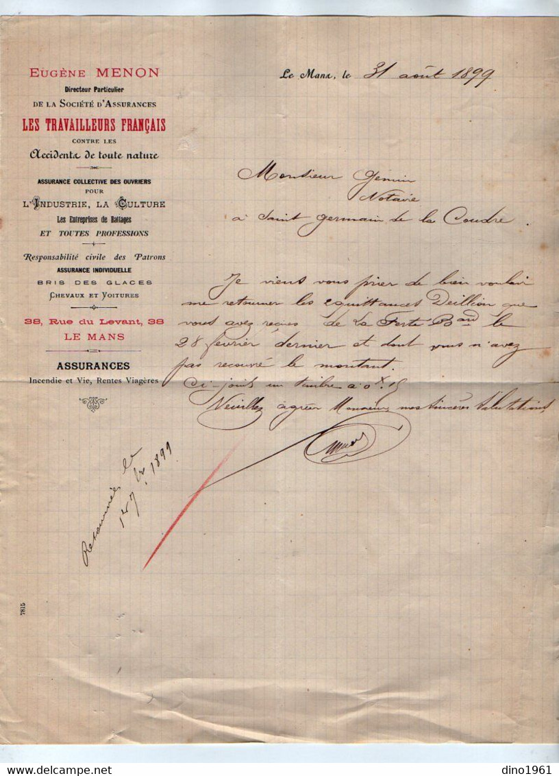 VP21.625 - 1899 - Lettre De La Sté D'Assurances ¨ LES TRAVAILLEURS FRANCAIS ¨ Mr Eugène MENON Directeur à LE MANS - Banque & Assurance