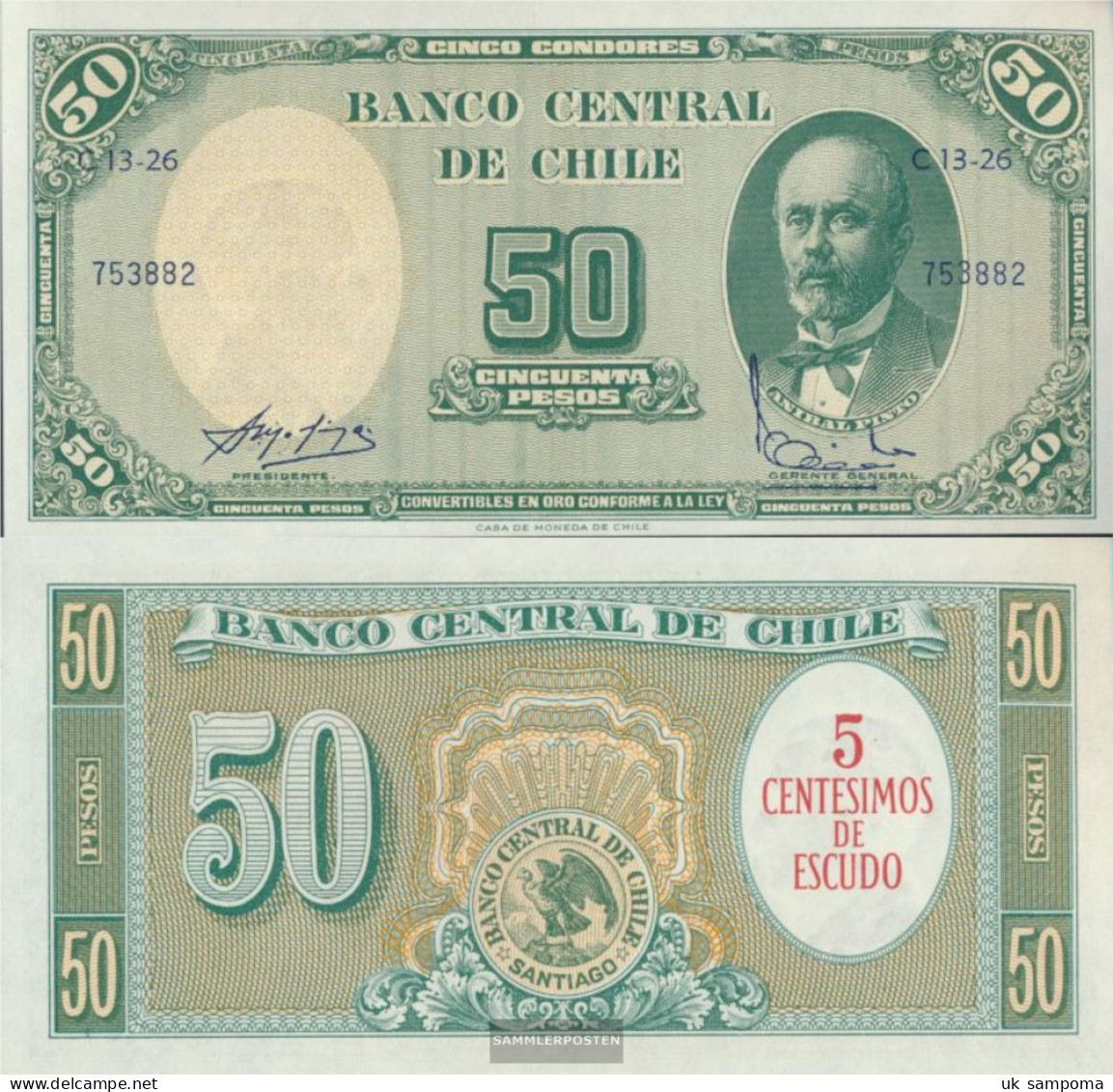 Chile Pick-number: 126 Uncirculated 1960 5 Centesimos On 50 Pesos - Chili