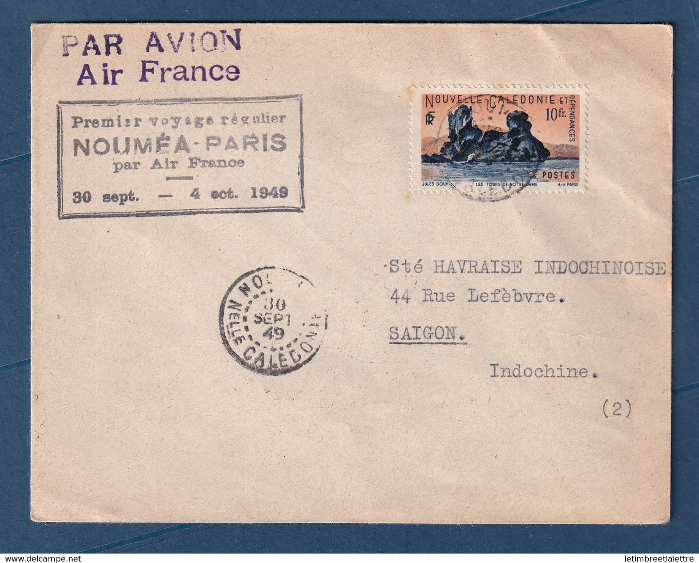 Nouvelle Calédonie - YT N° 274 - Premier Voyage Régulier Nouméa Paris Via Air France - Pour L'Indochine - 1949 - Lettres & Documents