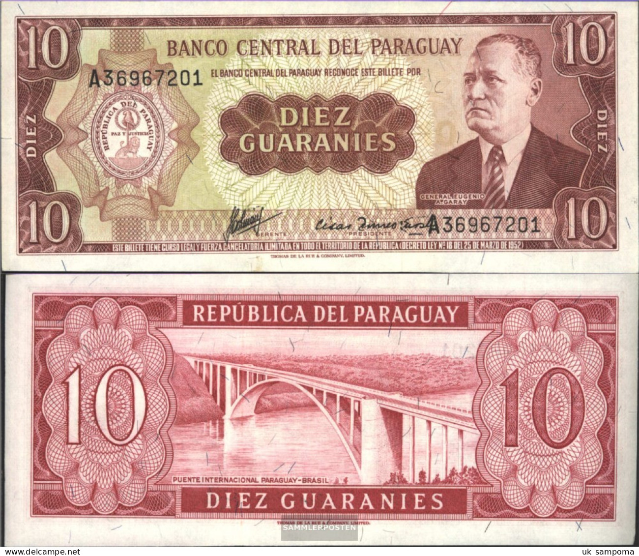 Paraguay Pick-number: 196b Uncirculated 1952 10 Guaranies - Paraguay