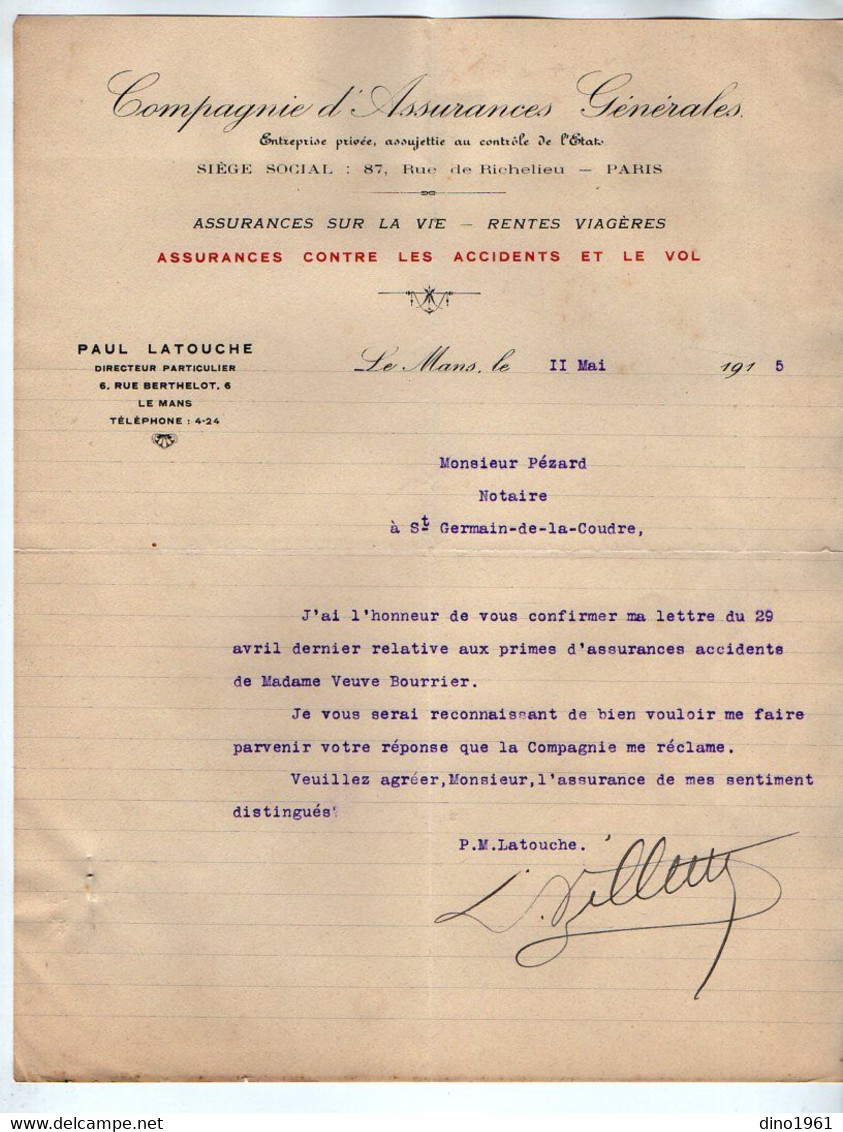 VP21.626 - 1915 - Lettre - Cie D'Assurances Générale, P. LATOUCHE à LE MANS & PARIS Pour SAINT GERMAIN DE LA COUDRE - Banco & Caja De Ahorros