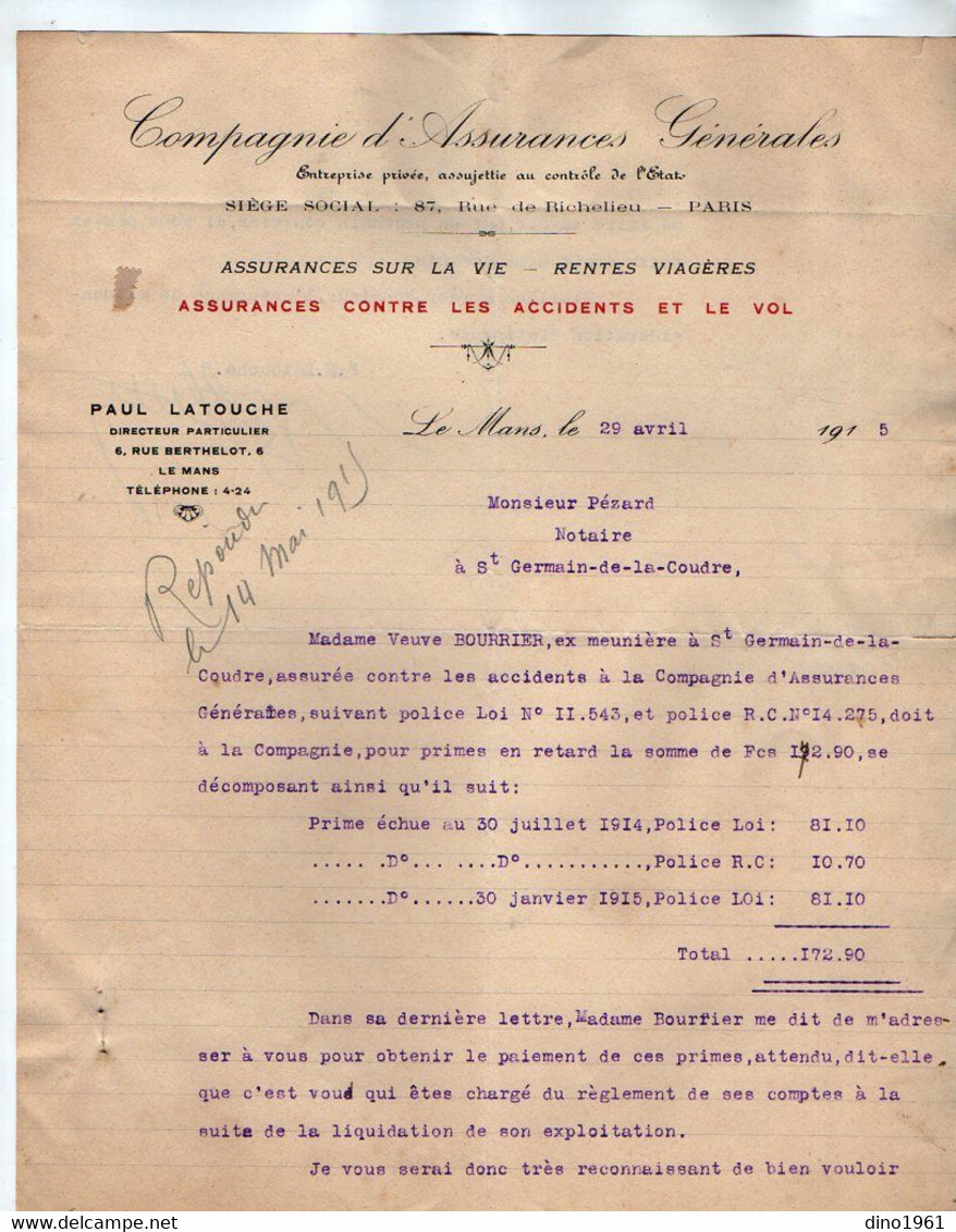 VP21.627 - 1915 - Lettre - Cie D'Assurances Générale, P. LATOUCHE à LE MANS & PARIS Pour SAINT GERMAIN DE LA COUDRE - Banque & Assurance