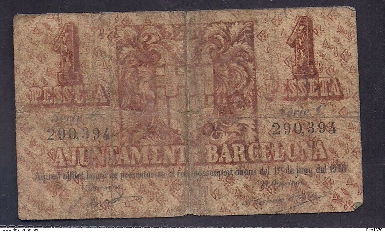 BILLETE DEL AYUNTAMIENTO DE BARCELONA DE 1 PESETA DE 1937 - 1-2 Peseten