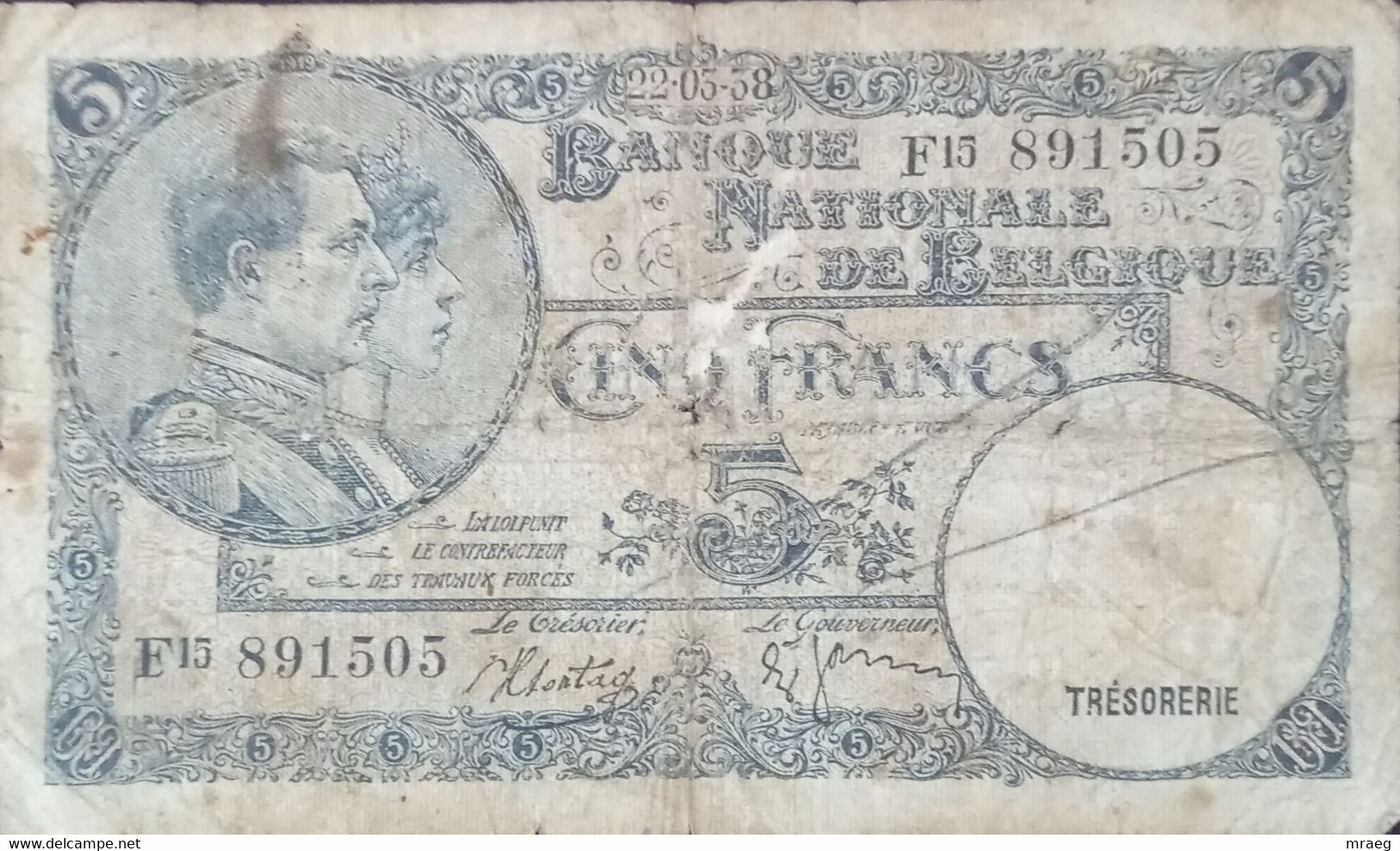 BELGIUM  1938 5 FRANCS BANKNOTE  F15 891505 - 5 Francs