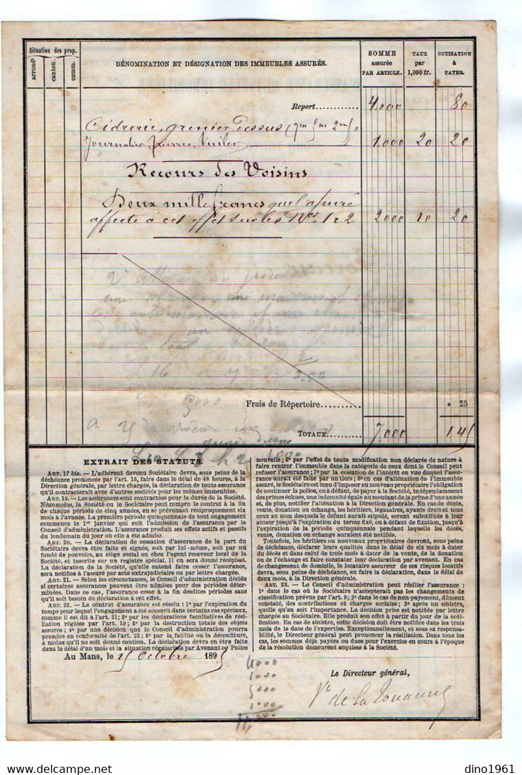 VP21.628 - NOGENT LE ROTROU 1895 - Police D'Assurance Mutuelle Immobilière à LE MANS Pour Mr FOREAU à MASLE ( MALE ) - Banque & Assurance