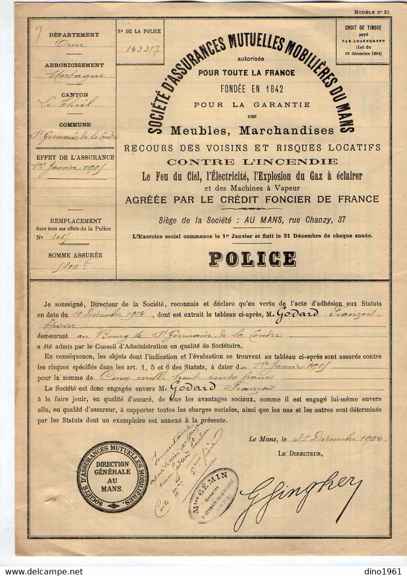 VP21.629 - 1904 - Police D'Assurance Mutuelle Mobilière à LE MANS Pour Mr GODARD Epicier à SAINT GERMAIN DE LA COUDRE - Banque & Assurance