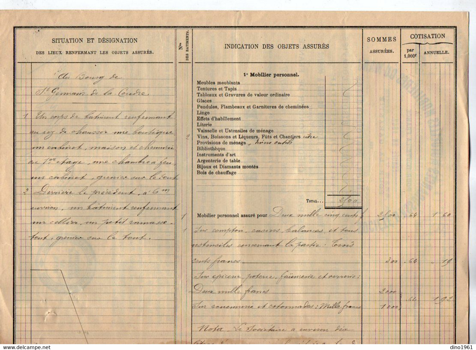 VP21.629 - 1904 - Police D'Assurance Mutuelle Mobilière à LE MANS Pour Mr GODARD Epicier à SAINT GERMAIN DE LA COUDRE - Banque & Assurance