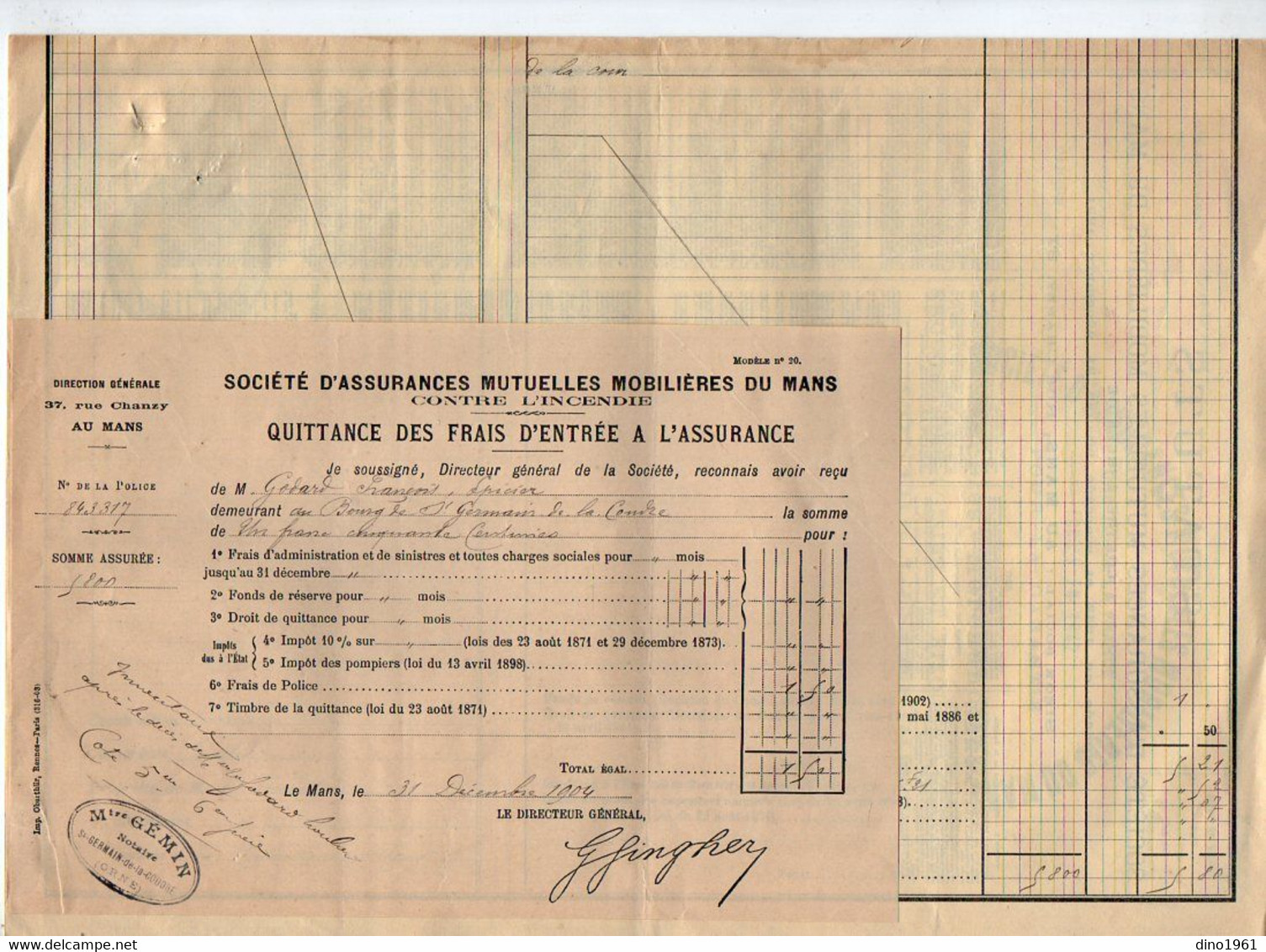 VP21.629 - 1904 - Police D'Assurance Mutuelle Mobilière à LE MANS Pour Mr GODARD Epicier à SAINT GERMAIN DE LA COUDRE - Banque & Assurance