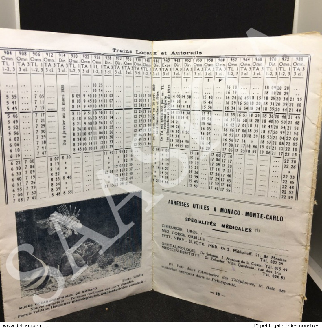 #PUB6 - Horaire train autocars Bus adresses utiles - Souvenirs du musée océanographique - Monaco - Avril 1939