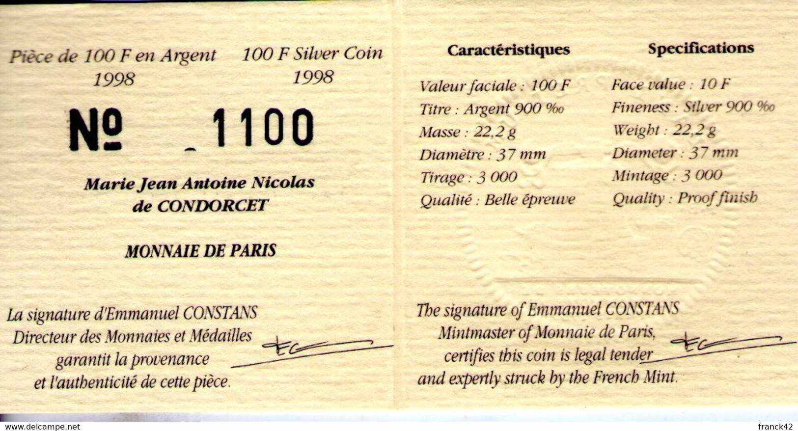 France. 100 Francs Condorcet 1998. Dans Son Coffret Avec Certificat - 100 Francs