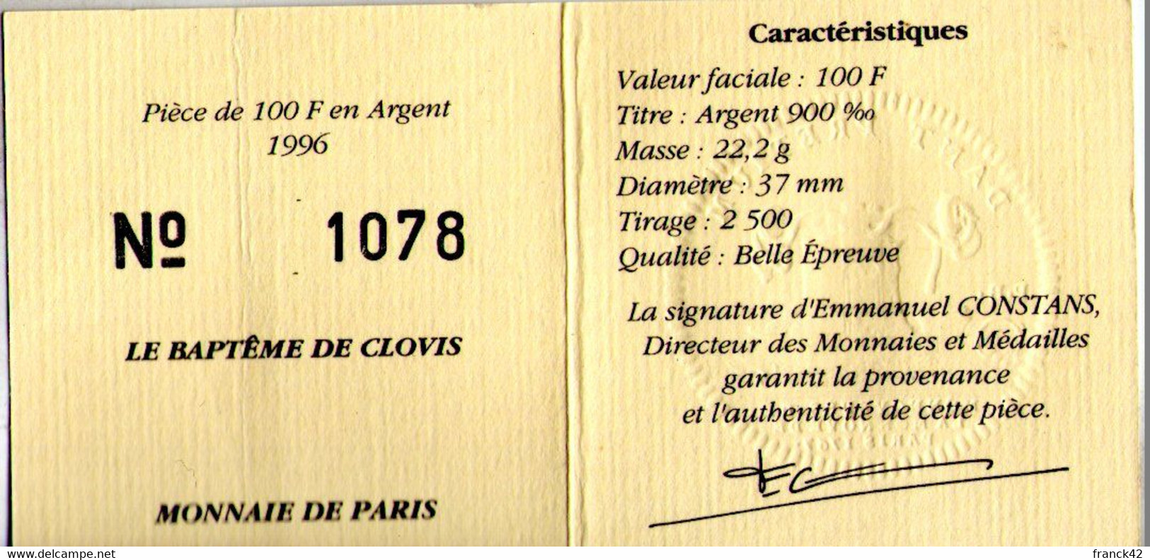 France. 100 Francs Clovis 1996. Dans Son Coffret Avec Certificat - 100 Francs