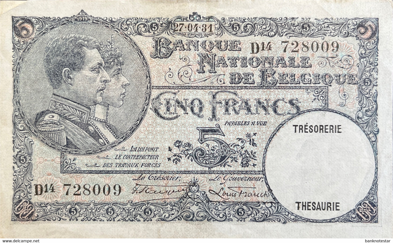 Belgium 5 Francs, P-97 (27.04.1931) - Extremely Fine - 5 Francs