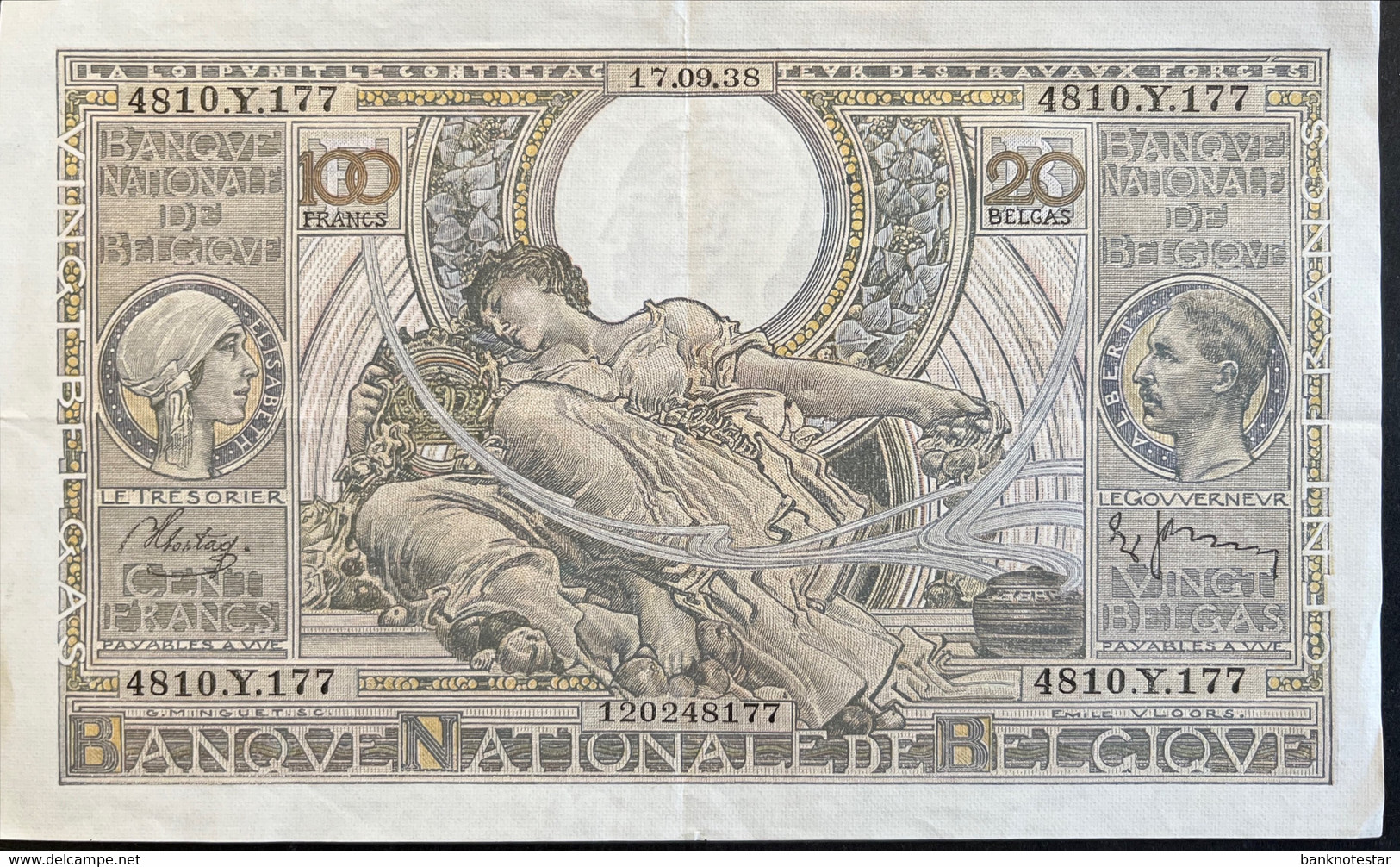 Belgium 100 Francs, P-107 (17.09.1938) - Extremely Fine - 100 Francos & 100 Francos-20 Belgas