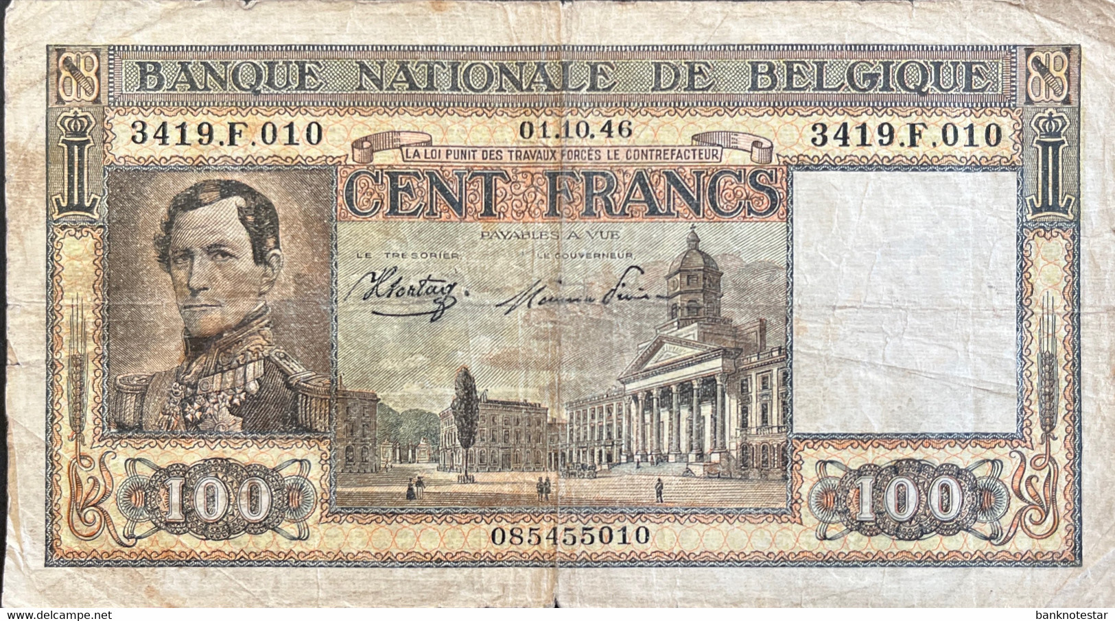 Belgium 100 Francs, P-126 (01.10.1946) - Very Good - 100 Francos
