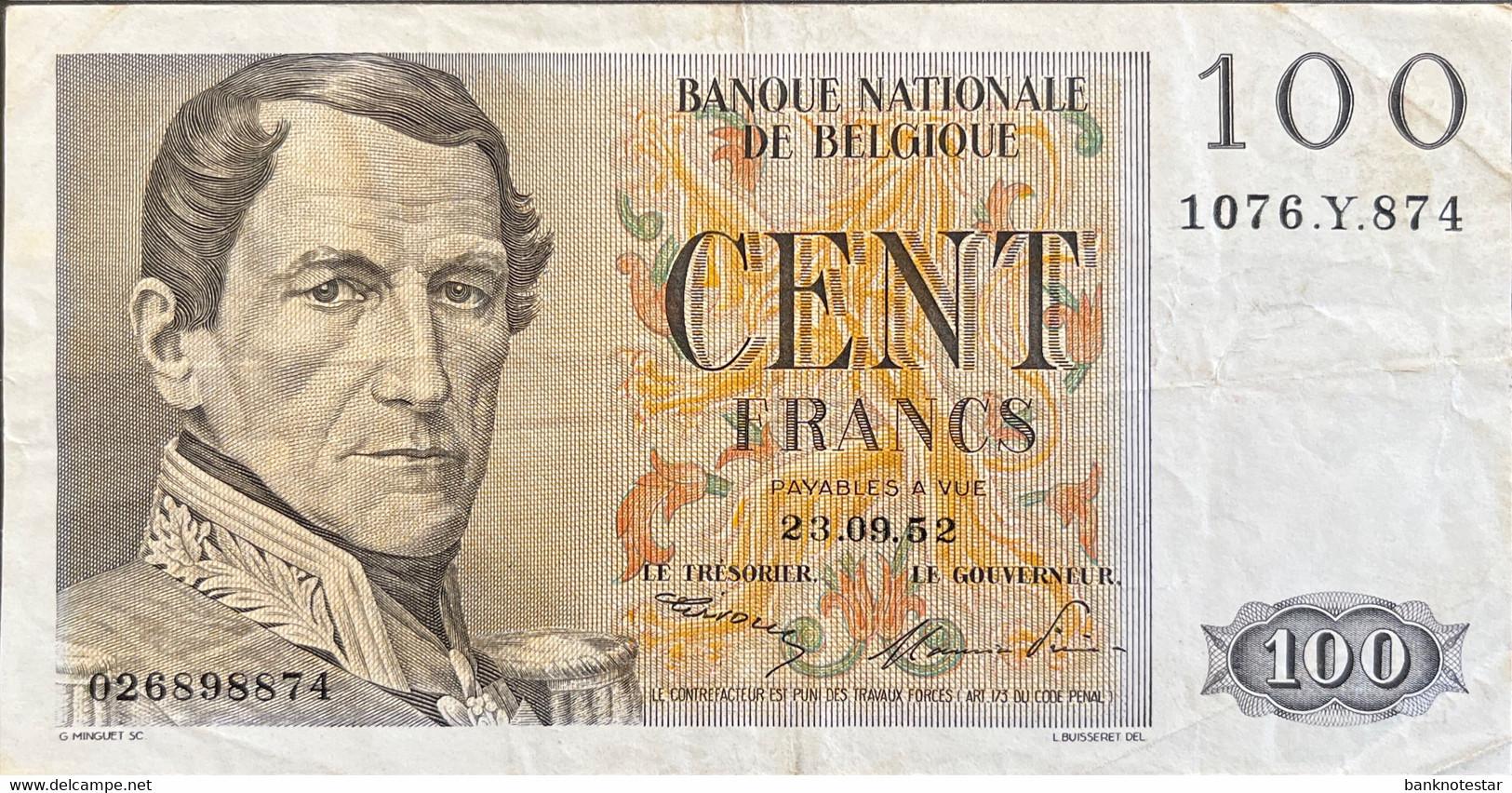 Belgium 100 Francs, P-129a (23.09.1952) - Very Fine - 100 Francos