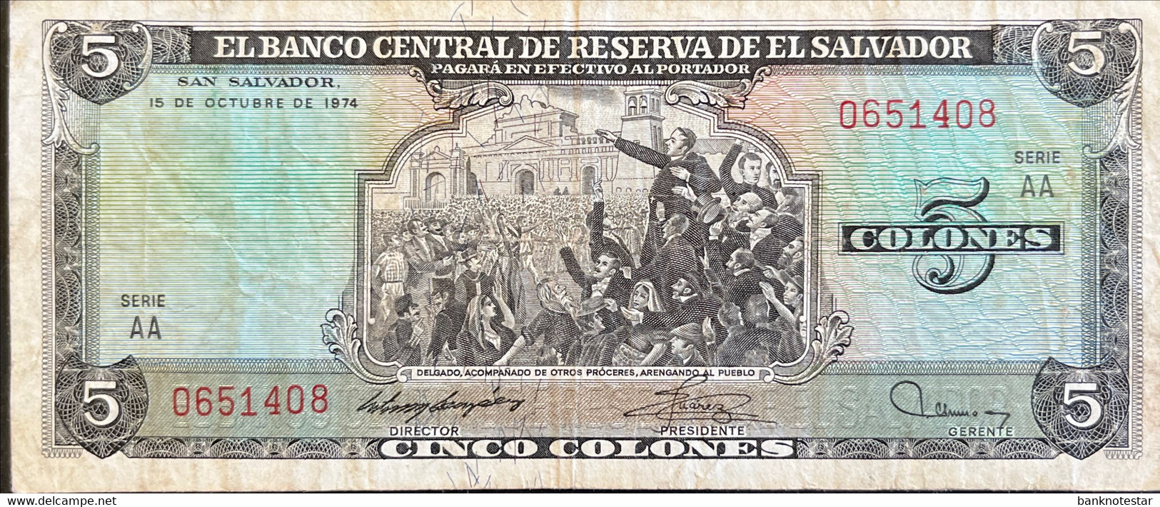 El Salvador 5 Colones, P-117 (15.10.1974) - Fine - AA Serial Number - RARE - El Salvador