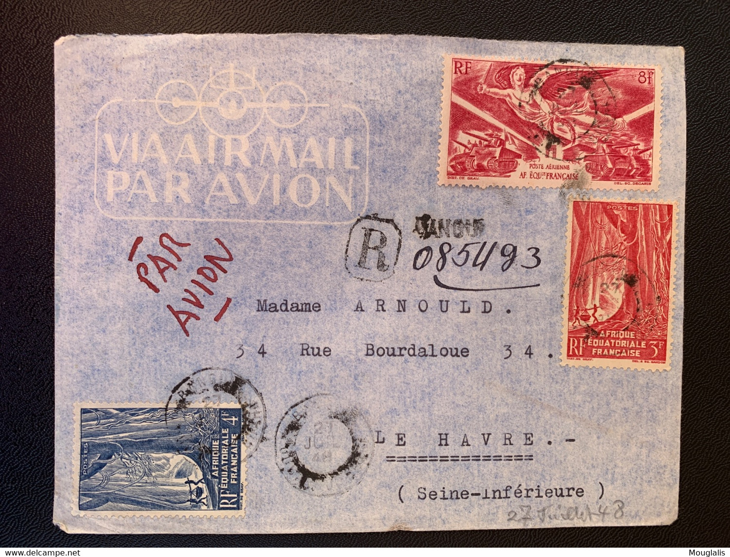 Colonies Françaises Oubangui Chari 27 Juillet 1948 Vers Le Havre No 218 220 Et PA 43 - Storia Postale