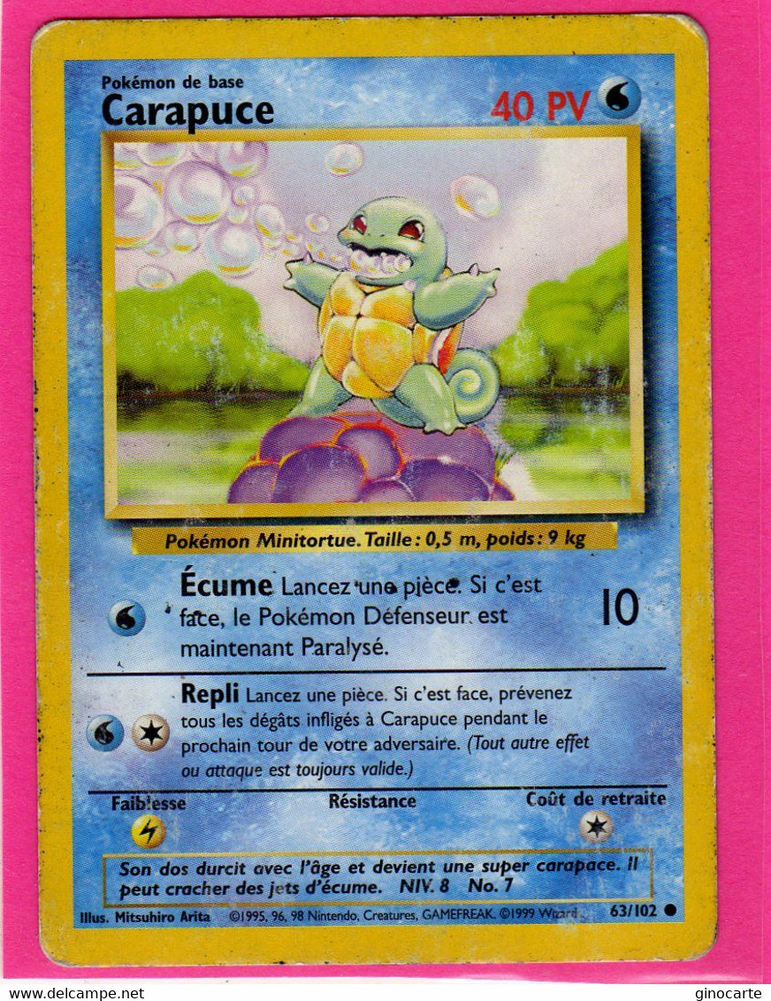 Carte Pokemon Francaise Set De Base Wizards 63/102 Carapuce 40pv En L'etat Ecrite - Wizards