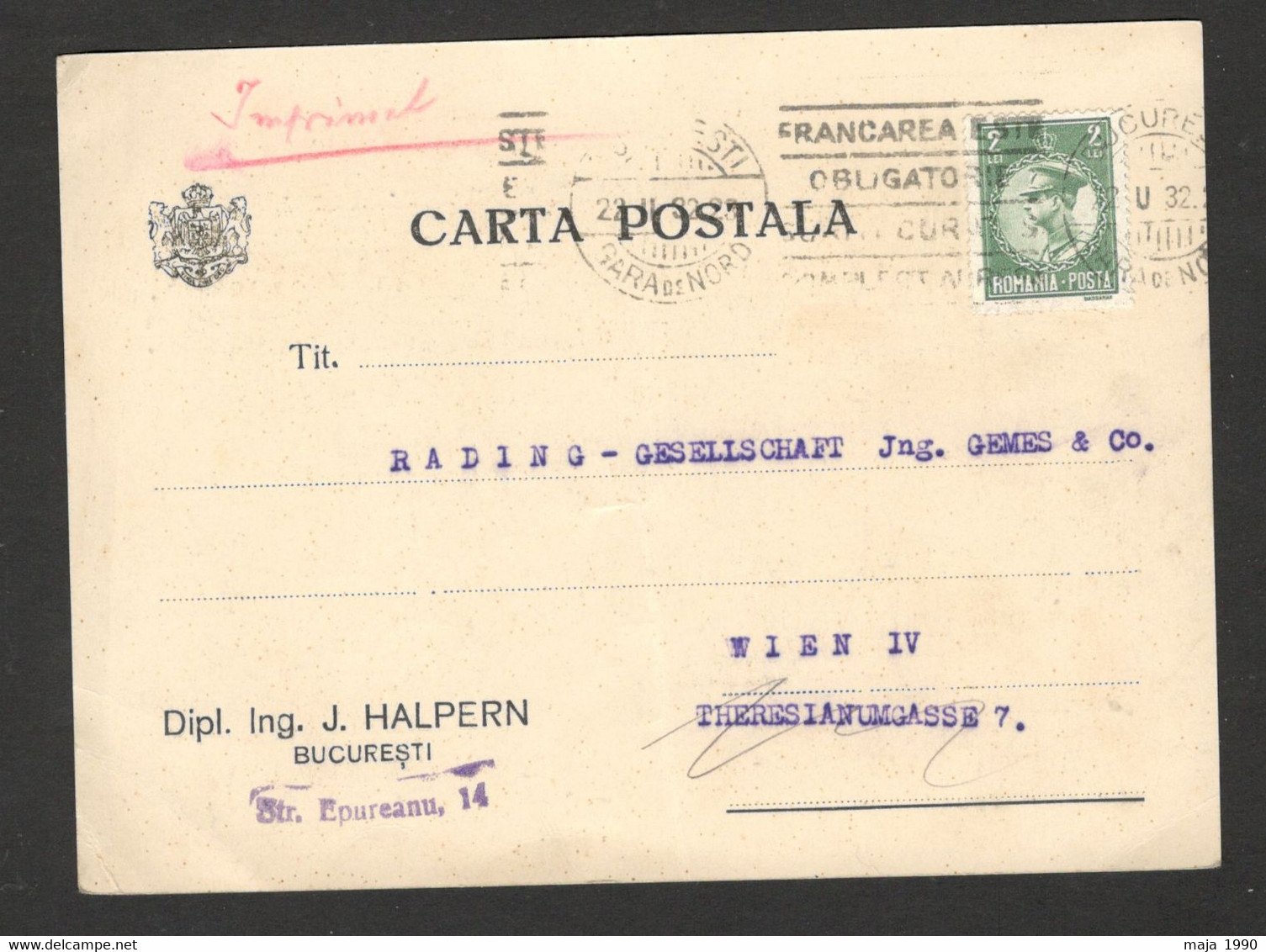 ROMANIA  TO AUSTRIA - POSTCARD STATIONERY - 1932. - Otros & Sin Clasificación