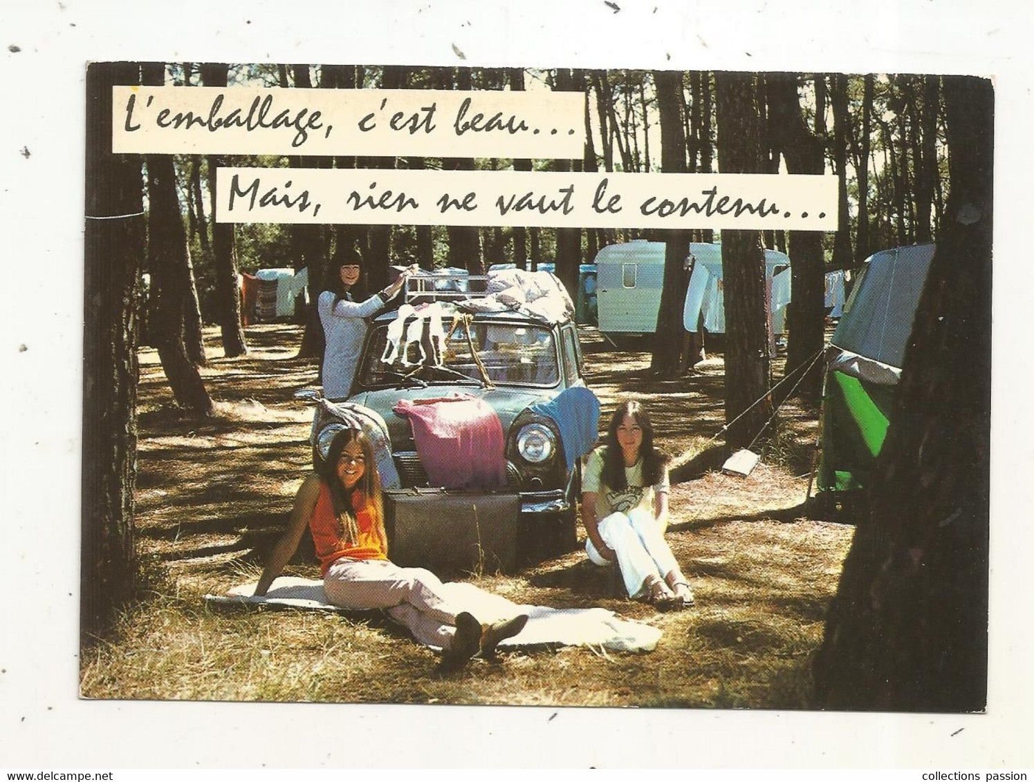 JC, Cp , Humour , Automobile , L'emballage ,c'est Beau...mais, Rien Ne Vaut Le Contenu....,  Vierge, Camping - Voitures De Tourisme