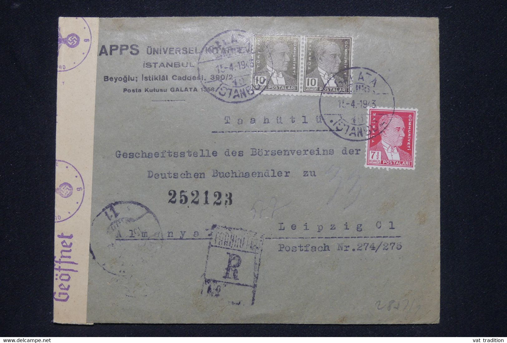 TURQUIE - Enveloppe Commerciale En Recommandé De Istanboul Pour L'Allemagne En 1943 Avec Contrôle Postal - L 139431 - Brieven En Documenten