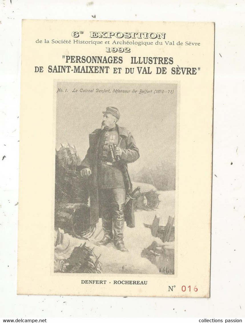 JC, Cp , 6 E Exposition De La Société Historique Et Archéologique Du Val De Sèvre,1992, DENFERT ROCHEREAU - Borse E Saloni Del Collezionismo