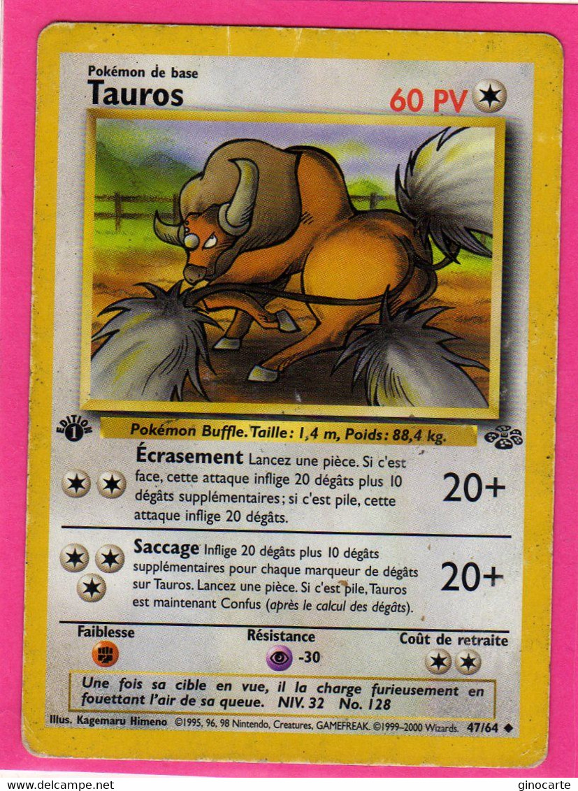 Carte Pokemon Francaise 1995 Wizards Jungle 47/64 Tauros 60pv En L'etat Ecrite 1 Edition - Wizards