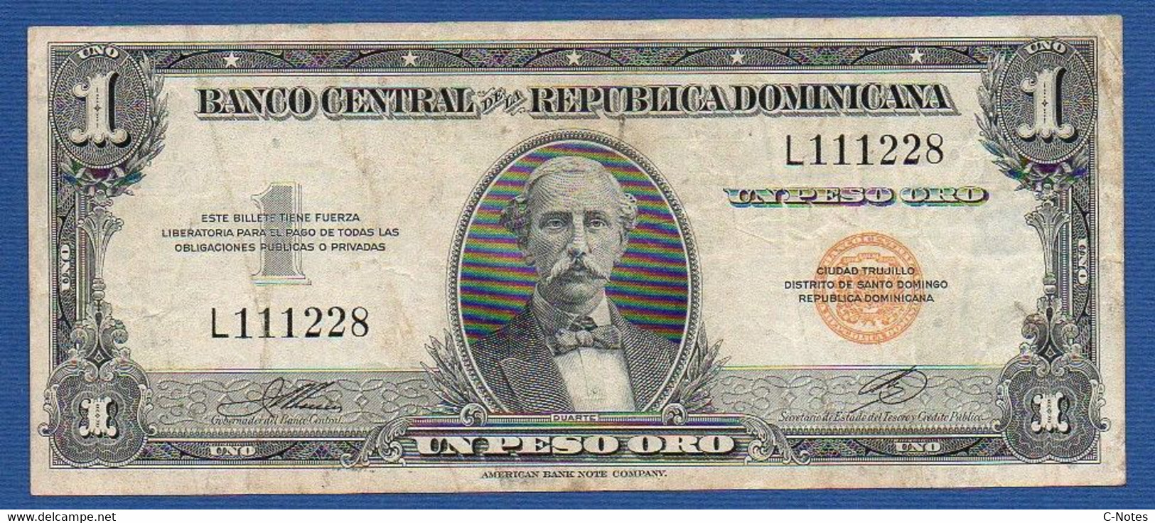 DOMINICAN REPUBLIC - P. 60a2 – 1 Peso 1947-1955 F/VF, Serie L111228 - Dominikanische Rep.