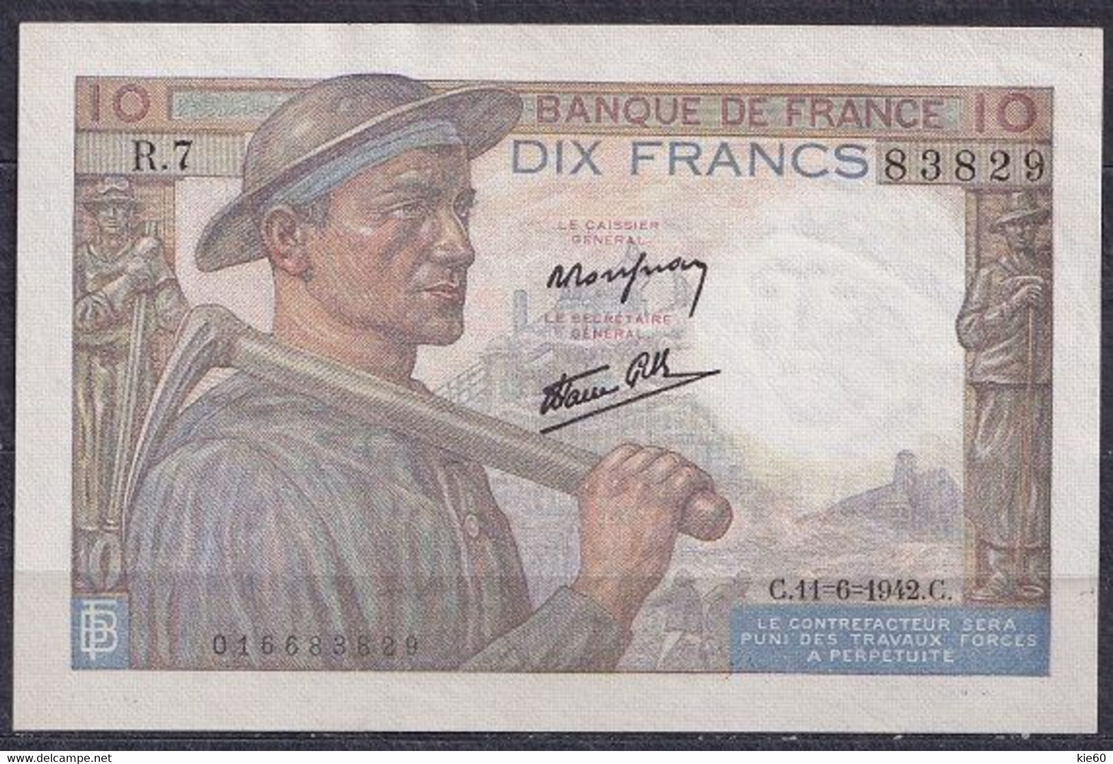 France - 1942-  10 Frank  11.6.42.-. P99c1..UNC- - 10 F 1941-1949 ''Mineur''