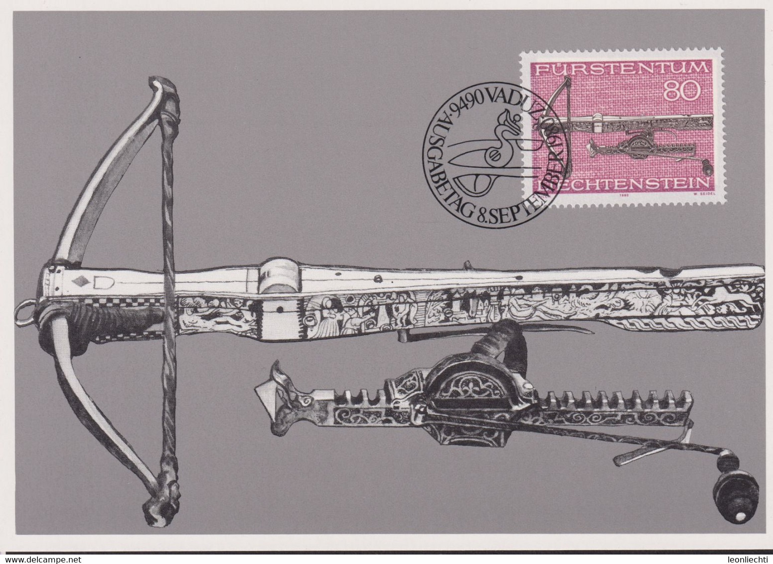 1980 Liechtenstein MC 18, Mi:LI 751, Yt:LI 692, Zum:LI 689, Jagdwaffen, Armbrust M. Spanner - Lettres & Documents