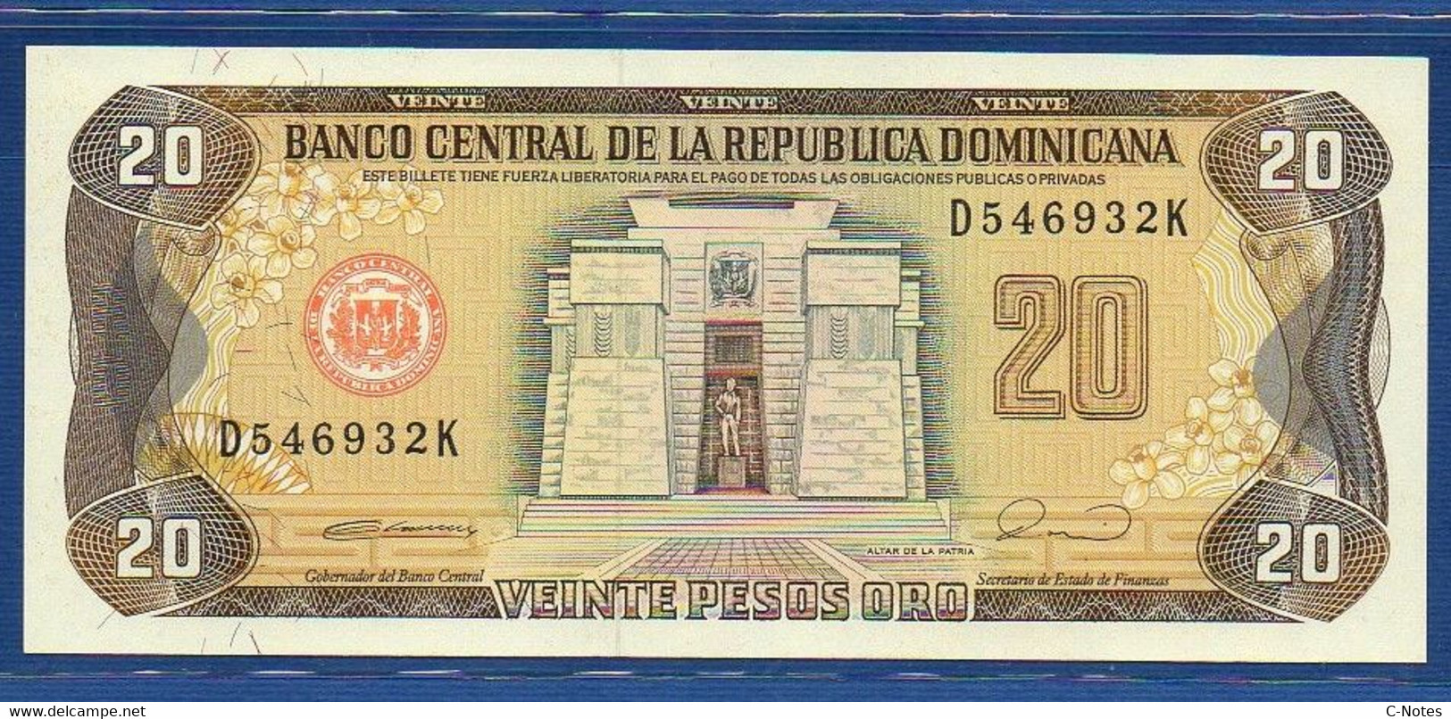 DOMINICAN REPUBLIC - P.133 – 20 Pesos Oro 1990 UNC, Serie D546932K - Dominikanische Rep.