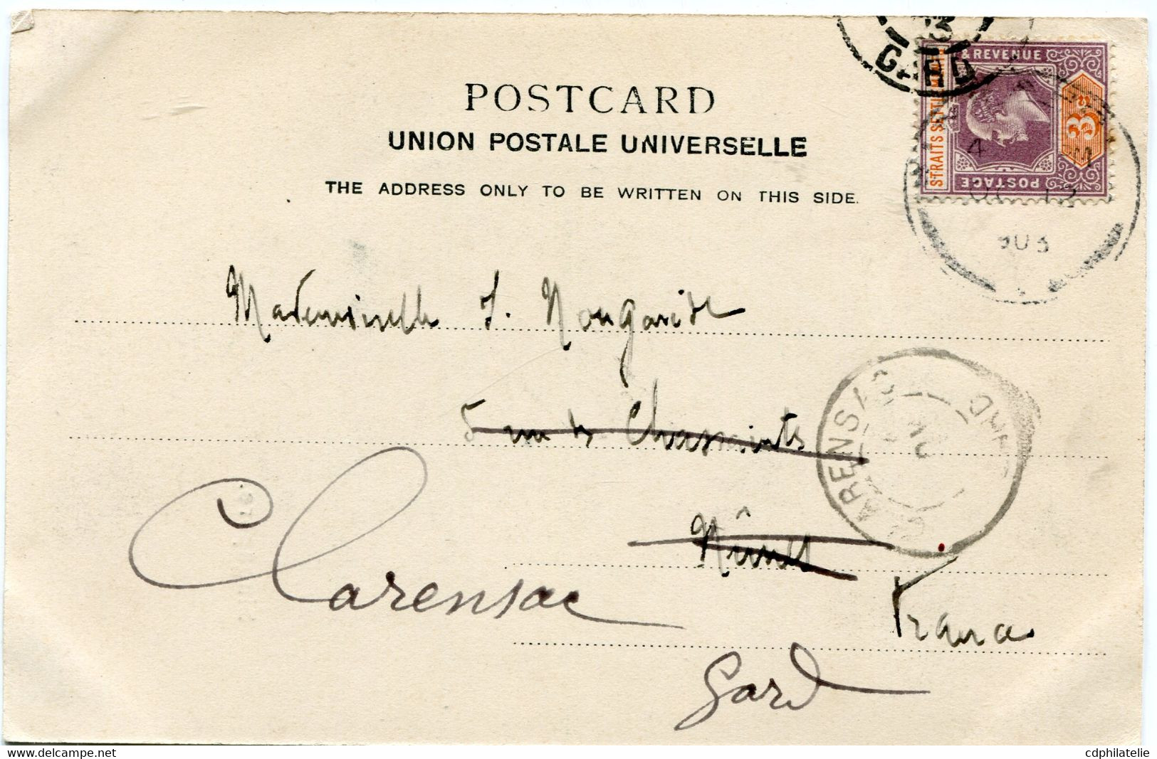 SINGAPOUR CARTE POSTALE -SINGAPORE DEPART SINGAPORE OC 12 1903 POUR LA FRANCE - Singapore (...-1959)